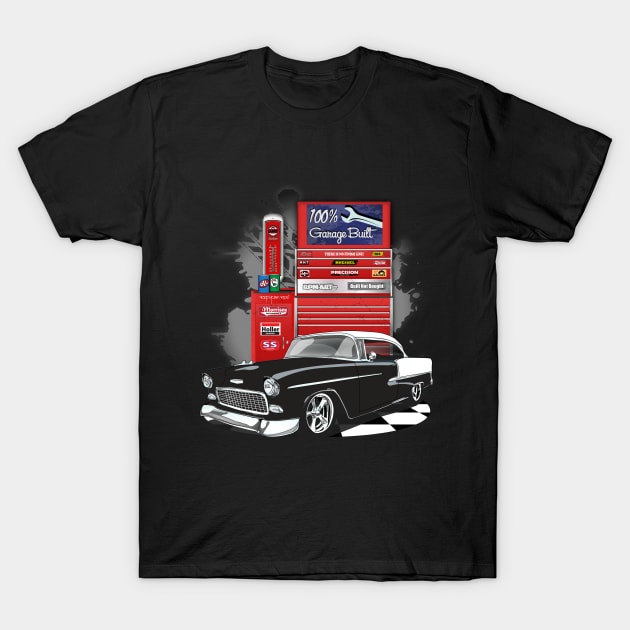 1955 Black Chevy Bel Air Garage Built Print T-Shirt by RPM-ART